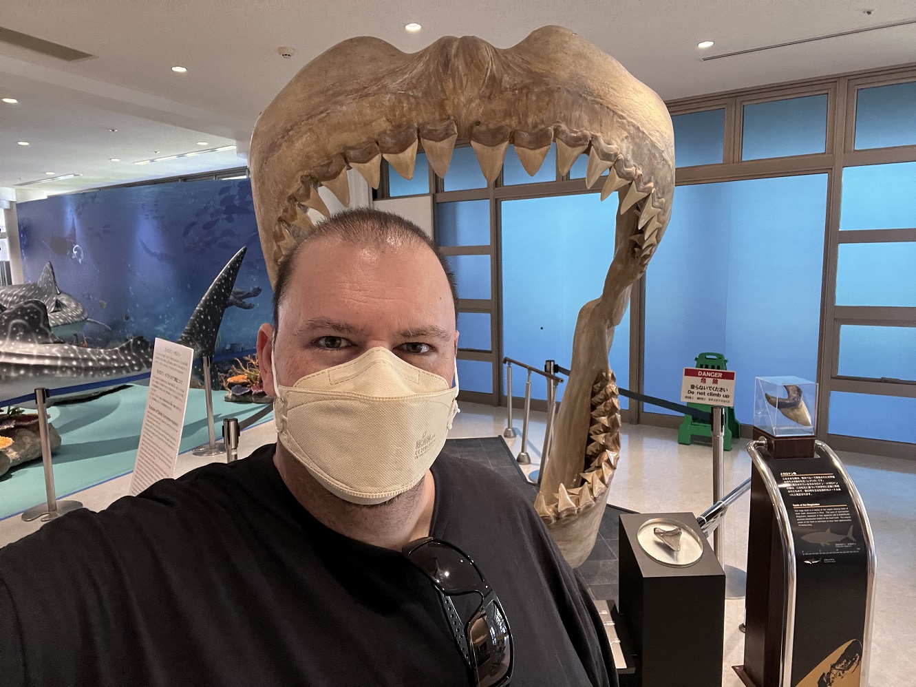 Haz-Matt with shark jaw at Aquarium in Okinawa, Japan.